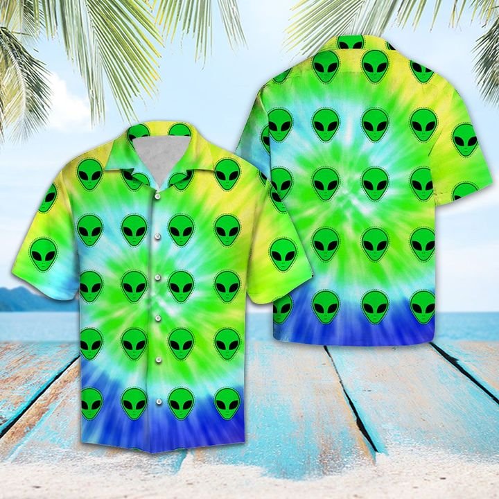 Alien Tiedye Hawaiian Shirt Summer Button Up Alien Tiedye Hawaiian Shirt Summer Button Up