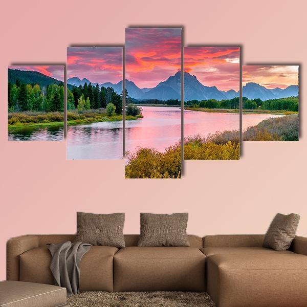 Amazing Sunset Over Grand Tetons - Nature 5 Panel Canvas Art Wall Decor Amazing Sunset Over Grand Tetons - Nature 5 Panel Canvas Art Wall Decor