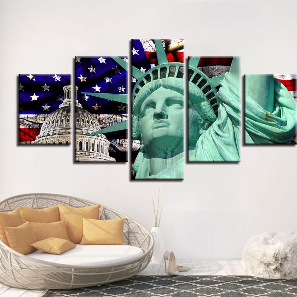 American Flag And Statue Of Liberty 1 - Abstract 5 Panel Canvas Art Wall Decor American Flag And Statue Of Liberty 1 - Abstract 5 Panel Canvas Art Wall Decor