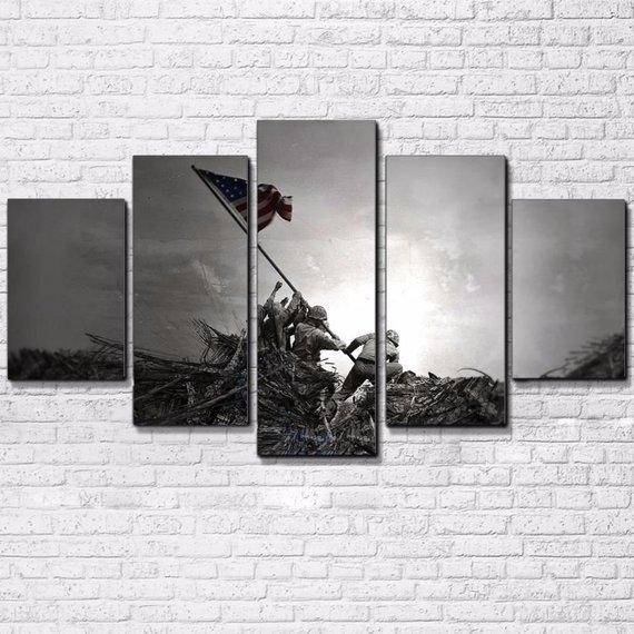 American Flag Battle Of Iwo Jima Ww2 - Abstract 5 Panel Canvas Art Wall Decor American Flag Battle Of Iwo Jima Ww2 - Abstract 5 Panel Canvas Art Wall Decor