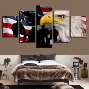 American Flag With Bald Eagle And Soldiers - Animal 5 Panel Canvas Art Wall Decor