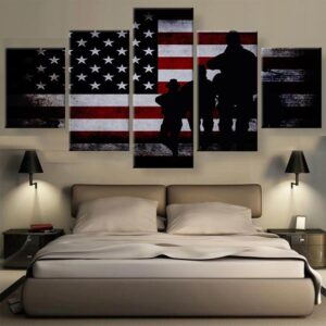 American Flag With Soldiers - Army 5 Panel Canvas Art Wall Decor