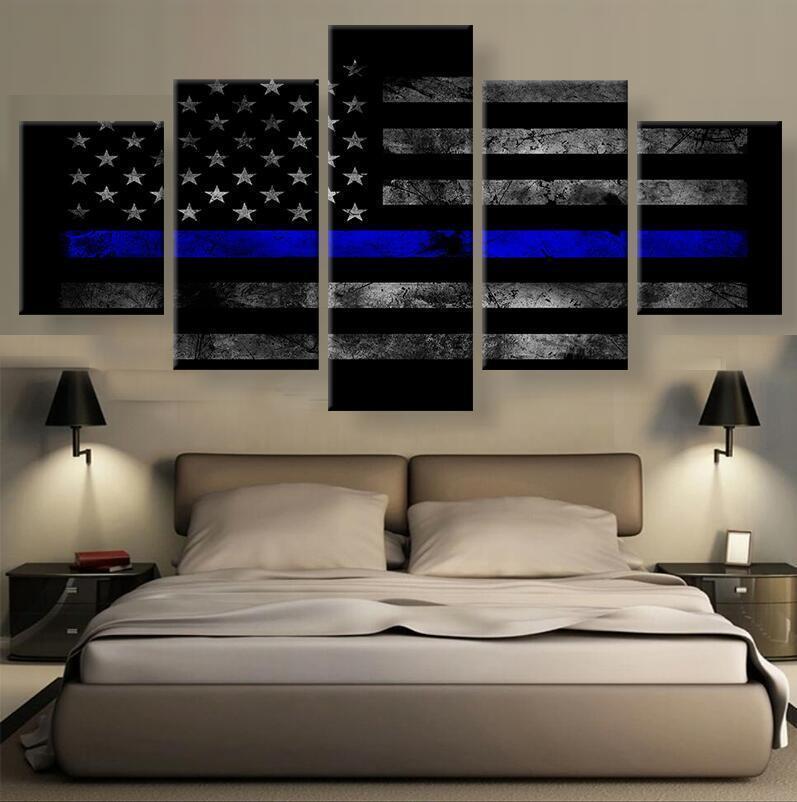 American Flag with Police Blue Line Abstract - 5 Panel Canvas Art Wall Decor American Flag with Police Blue Line Abstract - 5 Panel Canvas Art Wall Decor