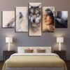 American Indian And Wolves - Army 5 Panel Canvas Art Wall Decor
