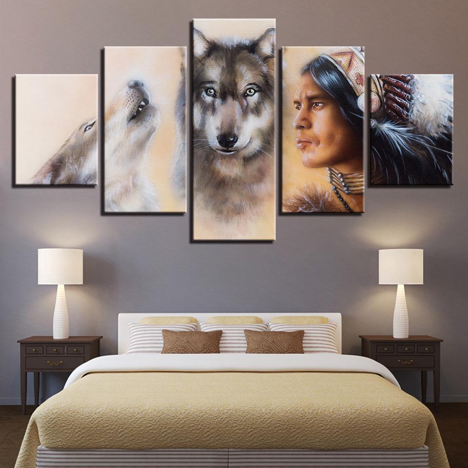 American Indian And Wolves - Army 5 Panel Canvas Art Wall Decor American Indian And Wolves - Army 5 Panel Canvas Art Wall Decor