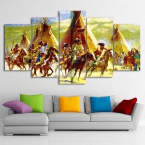American Indian Riding Native Americans - Army 5 Panel Canvas Art Wall Decor