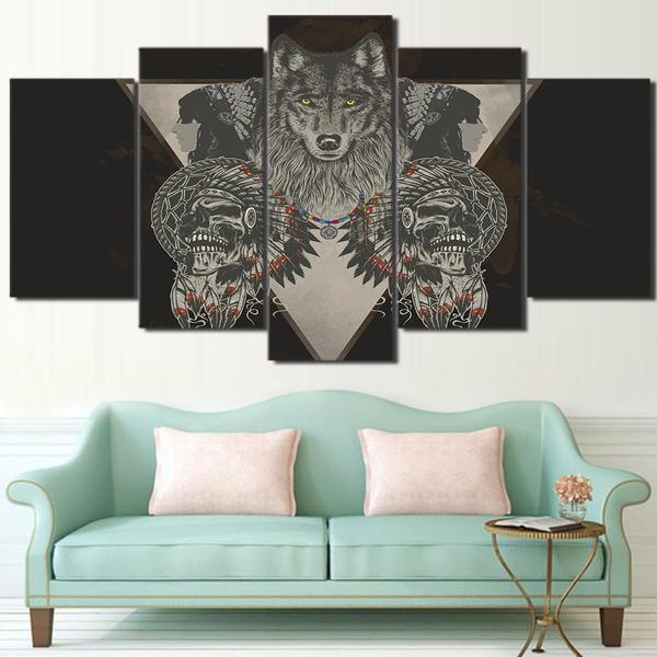 American Indian Skull Gray Framed 01 - Abstract 5 Panel Canvas Art Wall Decor American Indian Skull Gray Framed 01 - Abstract 5 Panel Canvas Art Wall Decor