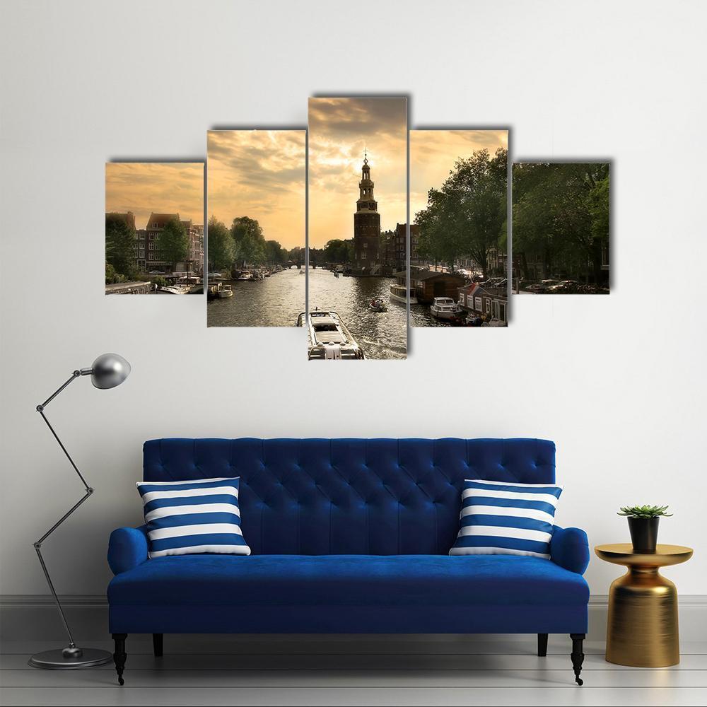 Amstel River With Cruise Ship In Amsterdam - Nature 5 Panel Canvas Art Wall Decor Amstel River With Cruise Ship In Amsterdam - Nature 5 Panel Canvas Art Wall Decor
