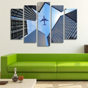 An Airplane Flying Over A Big City - Aircraft 5 Panel Canvas Art Wall Decor