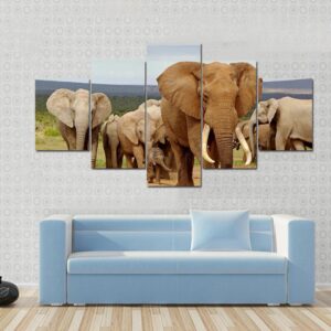 An Elephant Herd With Tusker - Animal 5 Panel Canvas Art Wall Decor