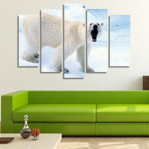 Angry Polar Bear Roaring - Animal 5 Panel Canvas Art Wall Decor Angry Polar Bear Roaring - Animal 5 Panel Canvas Art Wall Decor