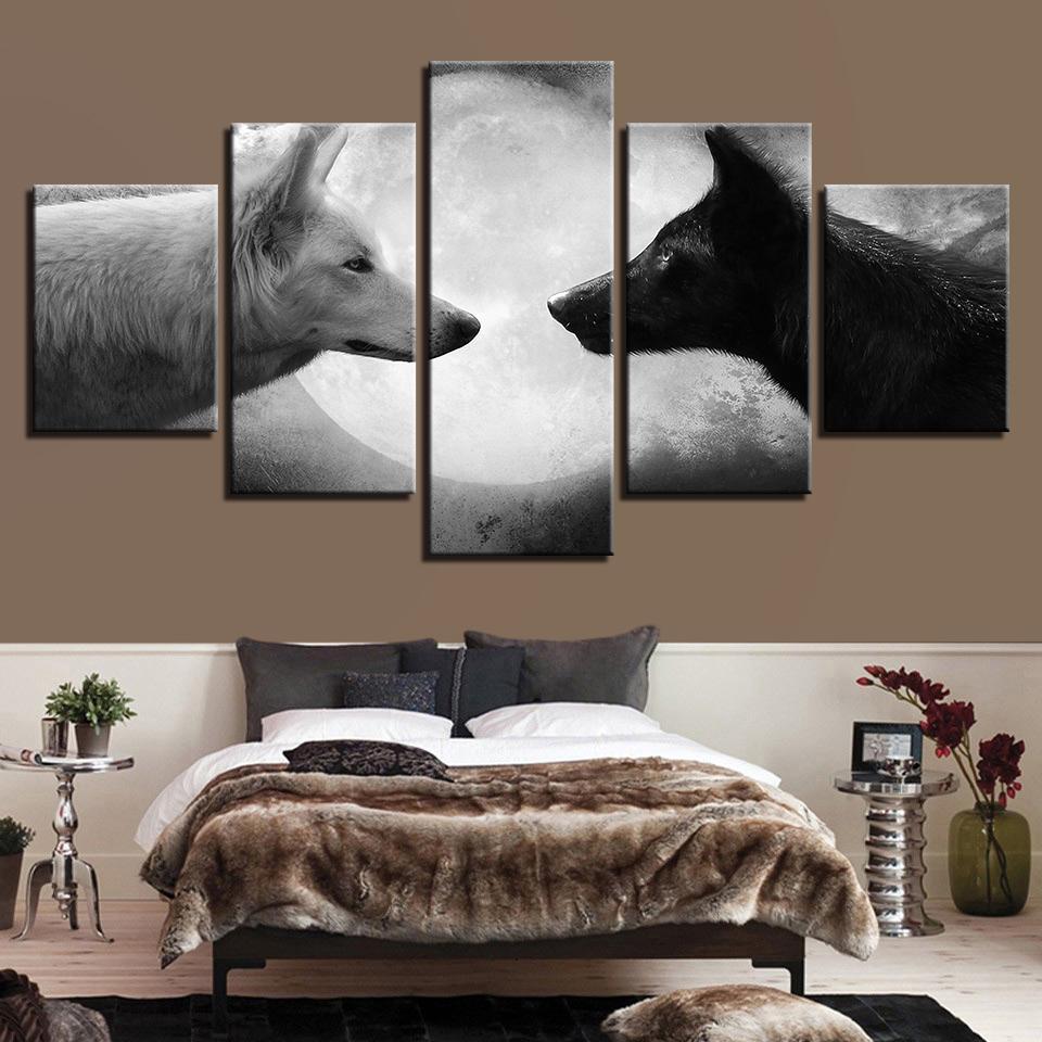 Animal Black White Wolves Moon Night Scene - Animal 5 Panel Canvas Art Wall Decor Animal Black White Wolves Moon Night Scene - Animal 5 Panel Canvas Art Wall Decor