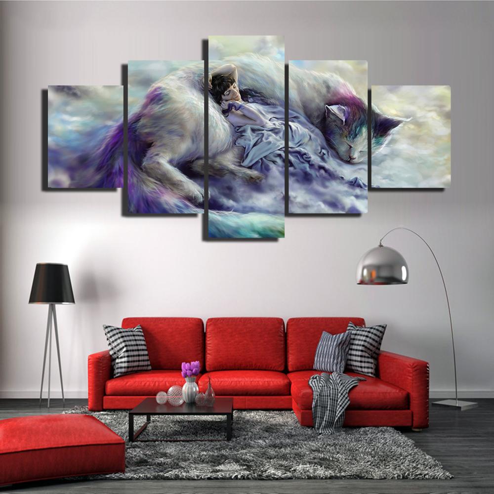 Animal Cat And Girl - Animal 5 Panel Canvas Art Wall Decor Animal Cat And Girl - Animal 5 Panel Canvas Art Wall Decor
