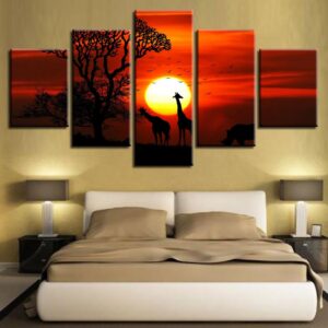Animal Giraffe Tree Sunset Scenery - Nature 5 Panel Canvas Art Wall Decor