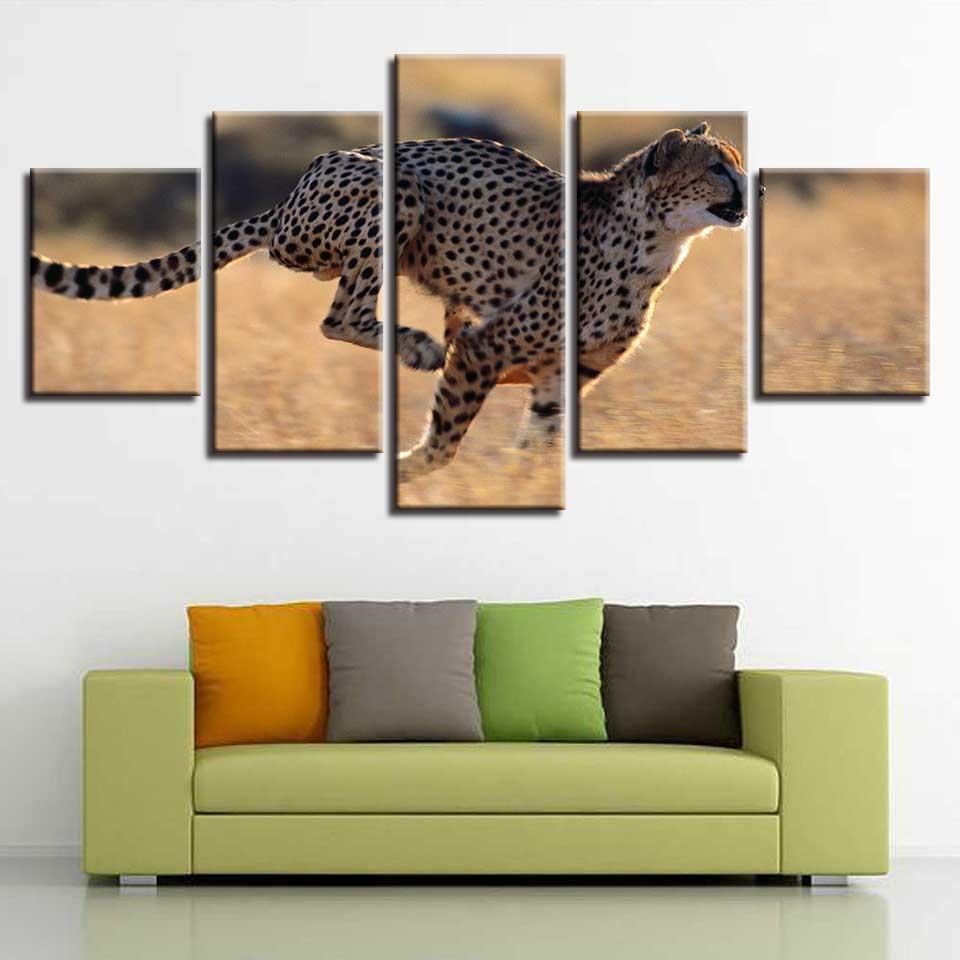 Animal Leopards Running Scenery - Animal 5 Panel Canvas Art Wall Decor Animal Leopards Running Scenery - Animal 5 Panel Canvas Art Wall Decor