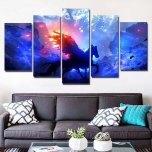 Animal Unicorn Night Scene - Abstract Animal 5 Panel Canvas Art Wall Decor