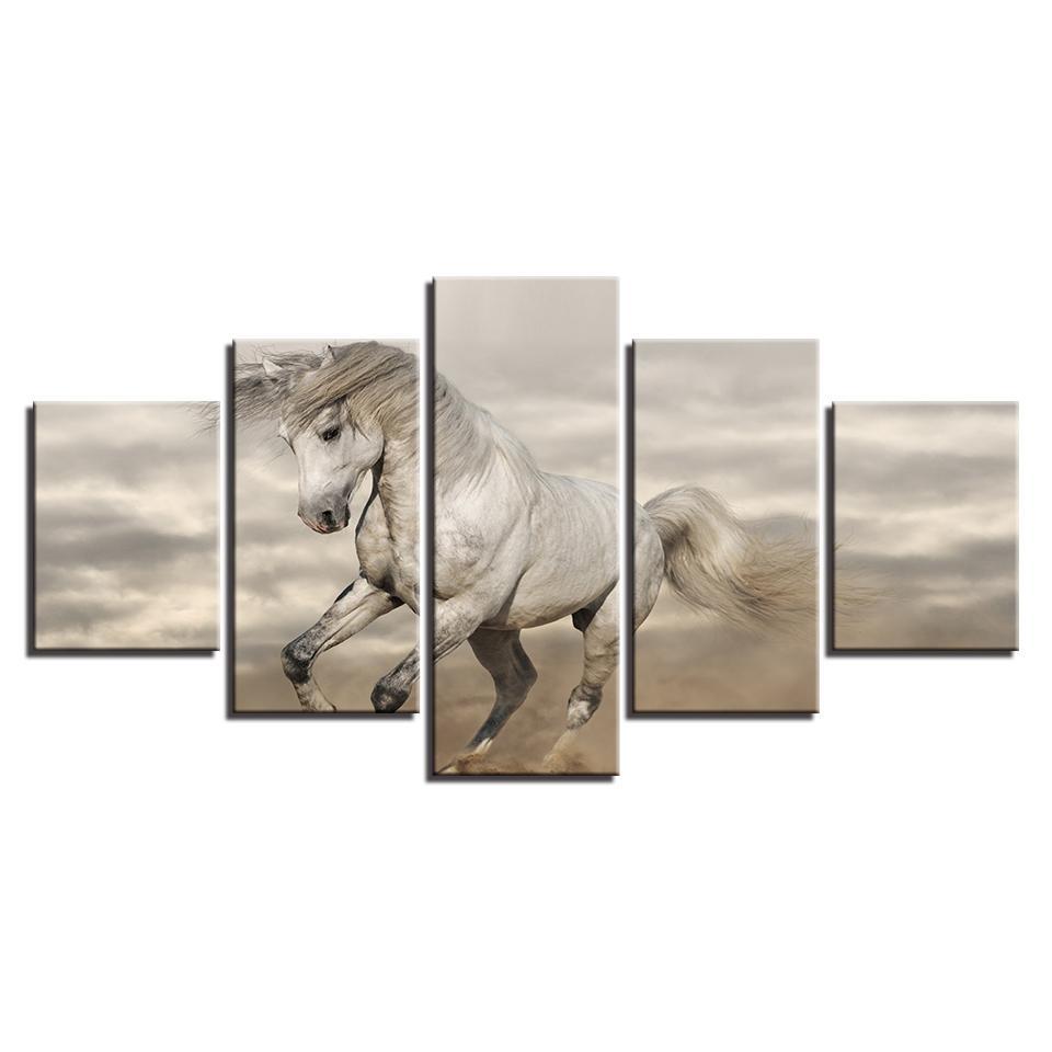Animal White Horse Running Ste - Animal 5 Panel Canvas Art Wall Decor Animal White Horse Running Ste - Animal 5 Panel Canvas Art Wall Decor
