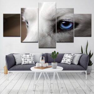 Animal White Wolf Blue Eyes - Animal 5 Panel Canvas Art Wall Decor