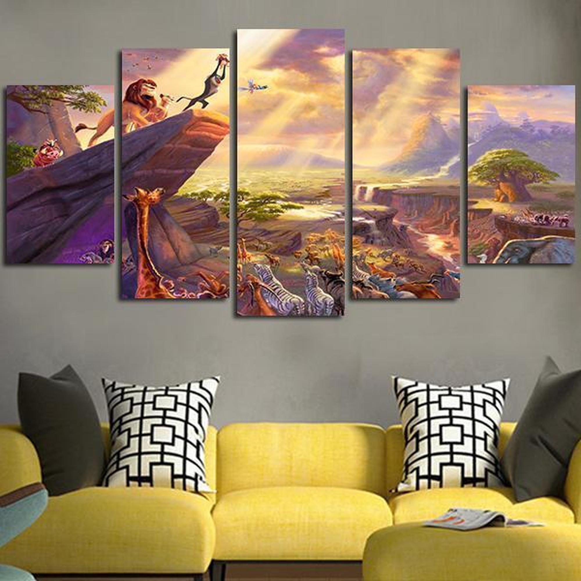 Animals In The Lion King Cartoon - 5 Panel Canvas Art Wall Decor Animals In The Lion King Cartoon - 5 Panel Canvas Art Wall Decor