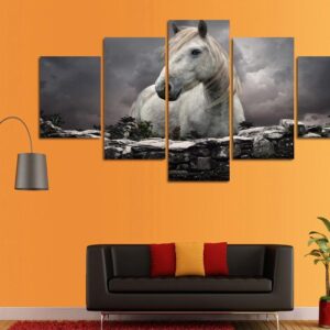 Animals White Horse 01 - Animal 5 Panel Canvas Art Wall Decor