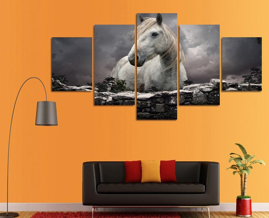 Animals White Horse 01 - Animal 5 Panel Canvas Art Wall Decor Animals White Horse 01 - Animal 5 Panel Canvas Art Wall Decor