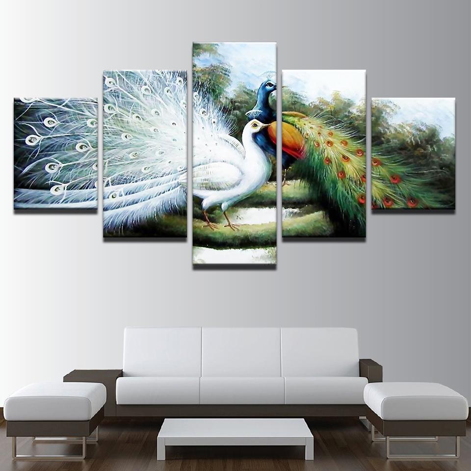 Anime Peacock Couple - Abstract Animal 5 Panel Canvas Art Wall Decor Anime Peacock Couple - Abstract Animal 5 Panel Canvas Art Wall Decor