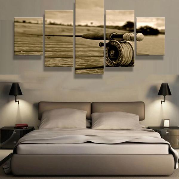Antique Fishing Rod Reel On Fishing Pier Deck - Fishing 5 Panel Canvas Art Wall Decor Antique Fishing Rod Reel On Fishing Pier Deck - Fishing 5 Panel Canvas Art Wall Decor