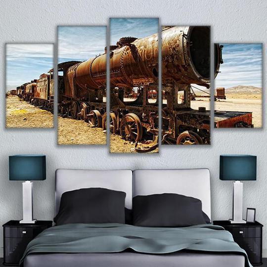 Antique Steam Train Locomotive In The Desert - Automative 5 Panel Canvas Art Wall Decor Antique Steam Train Locomotive In The Desert - Automative 5 Panel Canvas Art Wall Decor