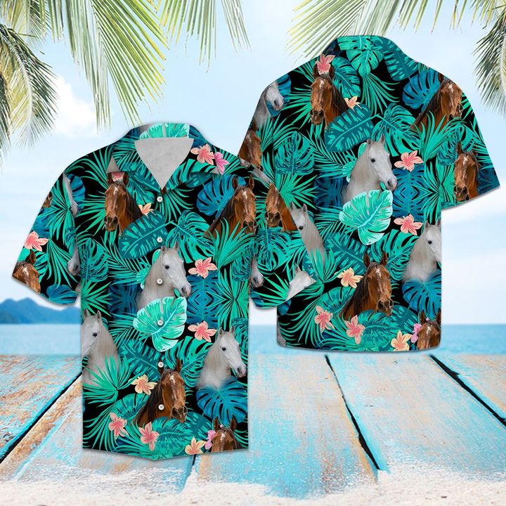 Arabian Horse Green Tropical Hawaiian Shirt Summer Button Up Arabian Horse Green Tropical Hawaiian Shirt Summer Button Up