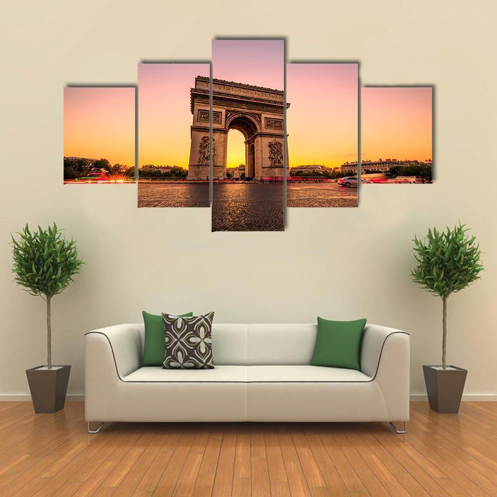 Arch Of Triumph At Twilight - Nature 5 Panel Canvas Art Wall Decor Arch Of Triumph At Twilight - Nature 5 Panel Canvas Art Wall Decor