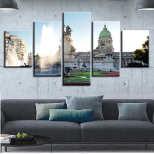 Argentine National Congress Building Fountain - Nature 5 Panel Canvas Art Wall Decor