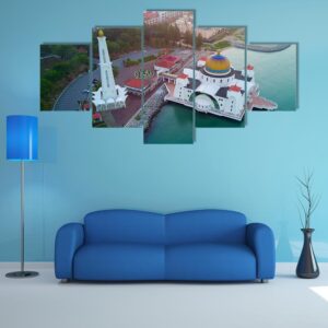 Arial View Of Malacca Straits Mosque During Sunset - Nature 5 Panel Canvas Art Wall Decor