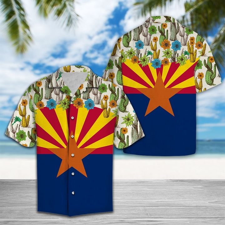 Arizona Cactus Blossom Flag Hawaiian Shirt Summer Button Up Arizona Cactus Blossom Flag Hawaiian Shirt Summer Button Up