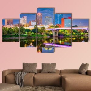 Arkansas Skyline On The River At Twilight - Nature 5 Panel Canvas Art Wall Decor