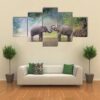 Asian Elephants In A Natural River At Deep Forest - Animal 5 Panel Canvas Art Wall Decor