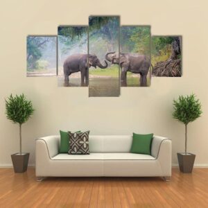 Asian Elephants In A Natural River At Deep Forest - Animal 5 Panel Canvas Art Wall Decor
