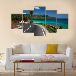 Asphalt Road Along Tropical Coastline - Nature 5 Panel Canvas Art Wall Decor