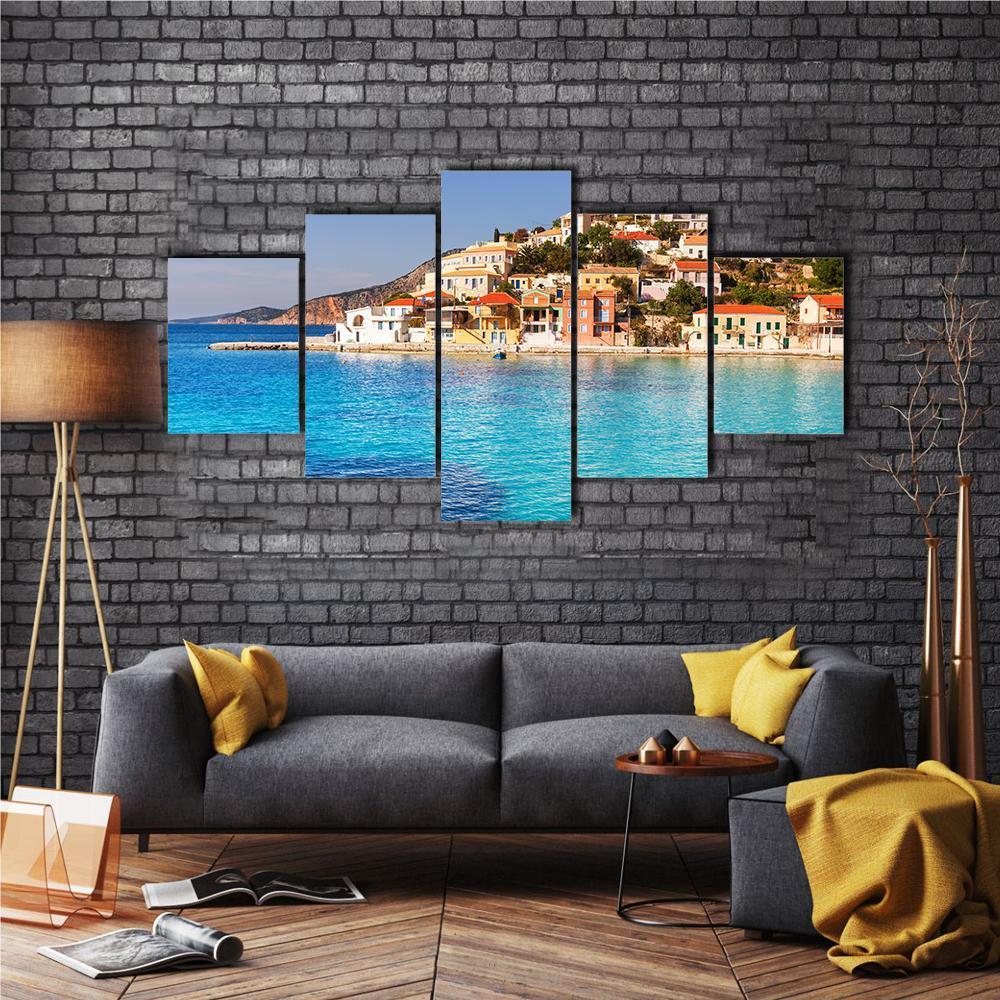 Assos Village And Sea Bay Kefalonia Island - Nature 5 Panel Canvas Art Wall Decor Assos Village And Sea Bay Kefalonia Island - Nature 5 Panel Canvas Art Wall Decor