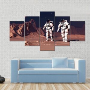 Astronauts Walking On Mars Surface - Space 5 Panel Canvas Art Wall Decor