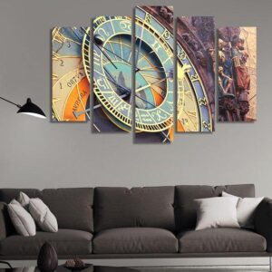 Astronomical Clock In Town Hall In Prague - Nature 5 Panel Canvas Art Wall Decor