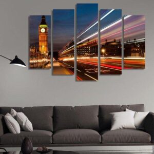 At Night Big Ben With Lights Of Cars - Nature 5 Panel Canvas Art Wall Decor