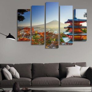 At Sunset Autumn Fujiyoshida - Nature 5 Panel Canvas Art Wall Decor