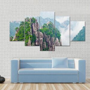 Atop In Yellow Sacred Mountains Huangshan In China - Nature 5 Panel Canvas Art Wall Decor