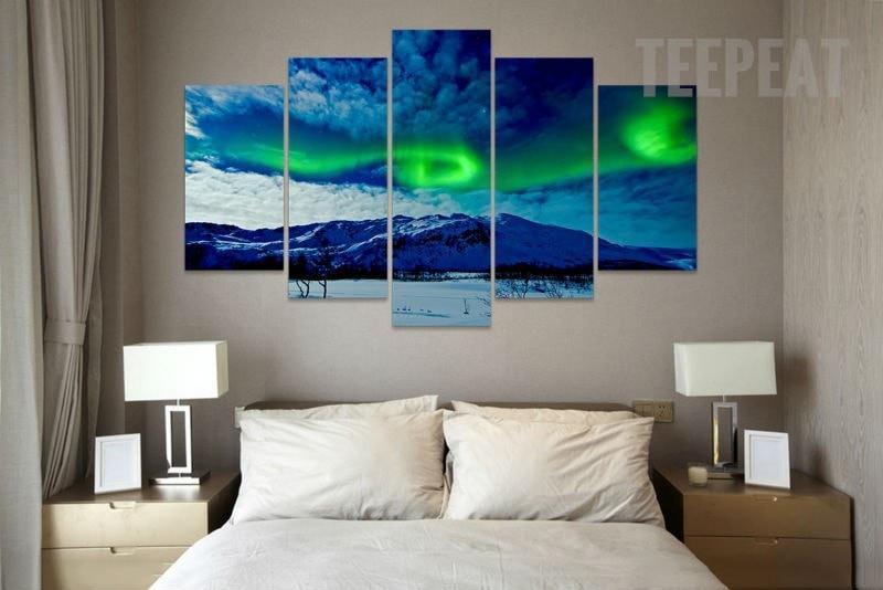 Aurora Borealis In The Cloudy Sky - Nature 5 Panel Canvas Art Wall Decor Aurora Borealis In The Cloudy Sky - Nature 5 Panel Canvas Art Wall Decor