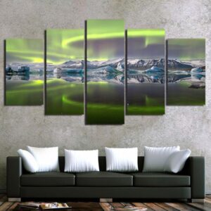 Aurora Borealis Northern Lights With Mountains - Nature 5 Panel Canvas Art Wall Decor