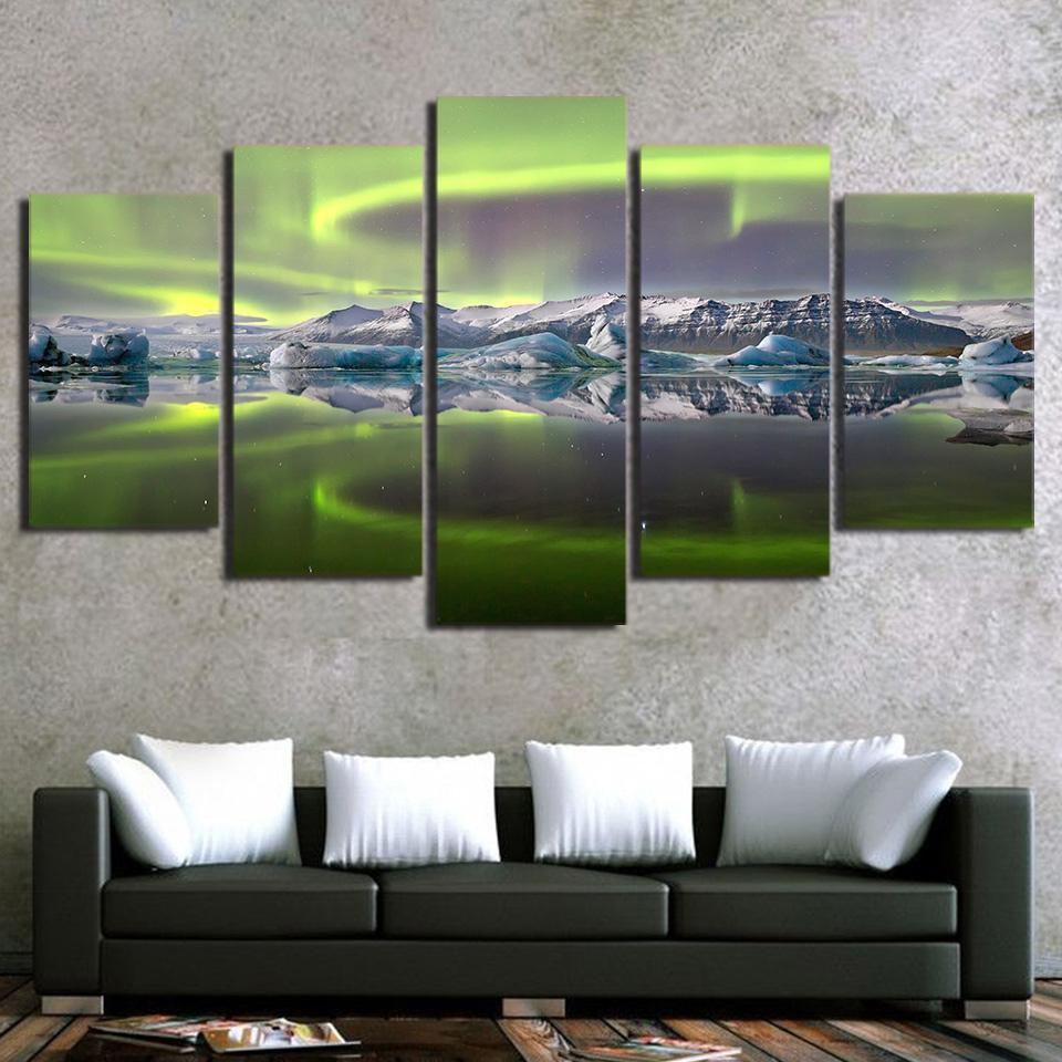 Aurora Borealis Northern Lights With Mountains - Nature 5 Panel Canvas Art Wall Decor Aurora Borealis Northern Lights With Mountains - Nature 5 Panel Canvas Art Wall Decor