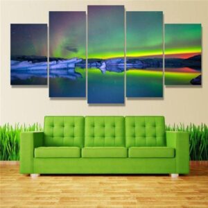 Aurora Borealis “Shades Of Green” - Nature 5 Panel Canvas Art Wall Decor