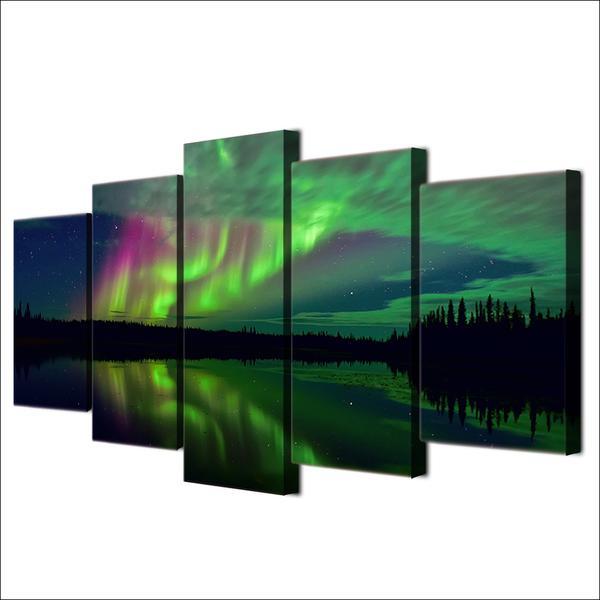 Aurora Lake Shadow Night Landscape - Nature 5 Panel Canvas Art Wall Decor Aurora Lake Shadow Night Landscape - Nature 5 Panel Canvas Art Wall Decor
