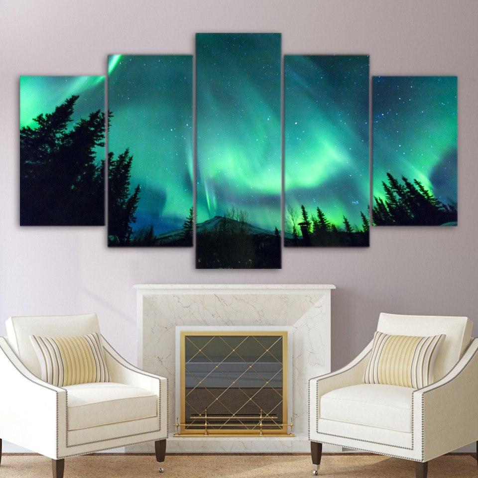 Aurora Starry Night Sky - Nature 5 Panel Canvas Art Wall Decor Aurora Starry Night Sky - Nature 5 Panel Canvas Art Wall Decor