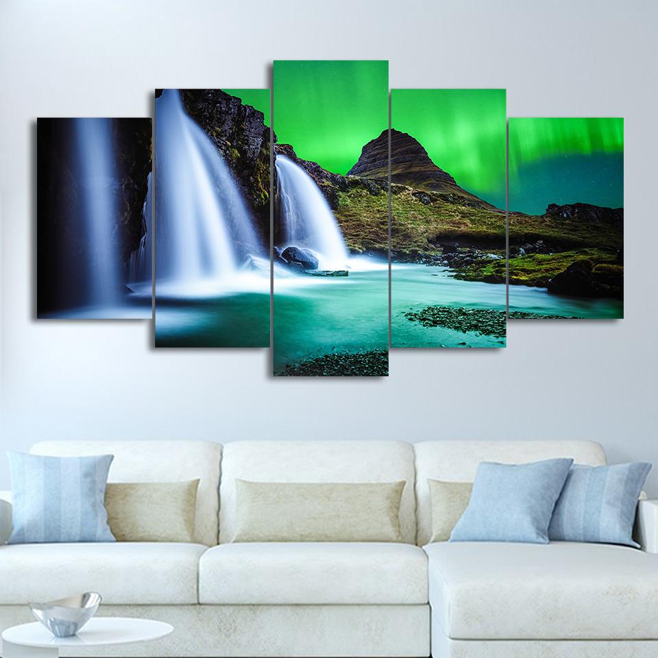 Aurora Waterfalls - Nature 5 Panel Canvas Art Wall Decor Aurora Waterfalls - Nature 5 Panel Canvas Art Wall Decor